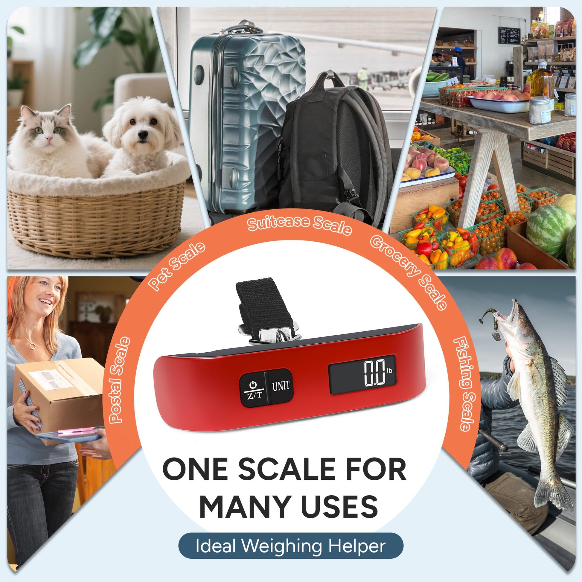 Informational graphic illustrating the versatile uses of the travel inspira digital luggage scale for weighing luggage, pets, groceries, packages, and fish