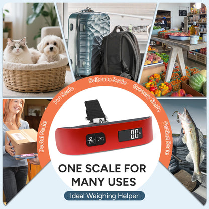 Informational graphic illustrating the versatile uses of the travel inspira digital luggage scale for weighing luggage, pets, groceries, packages, and fish