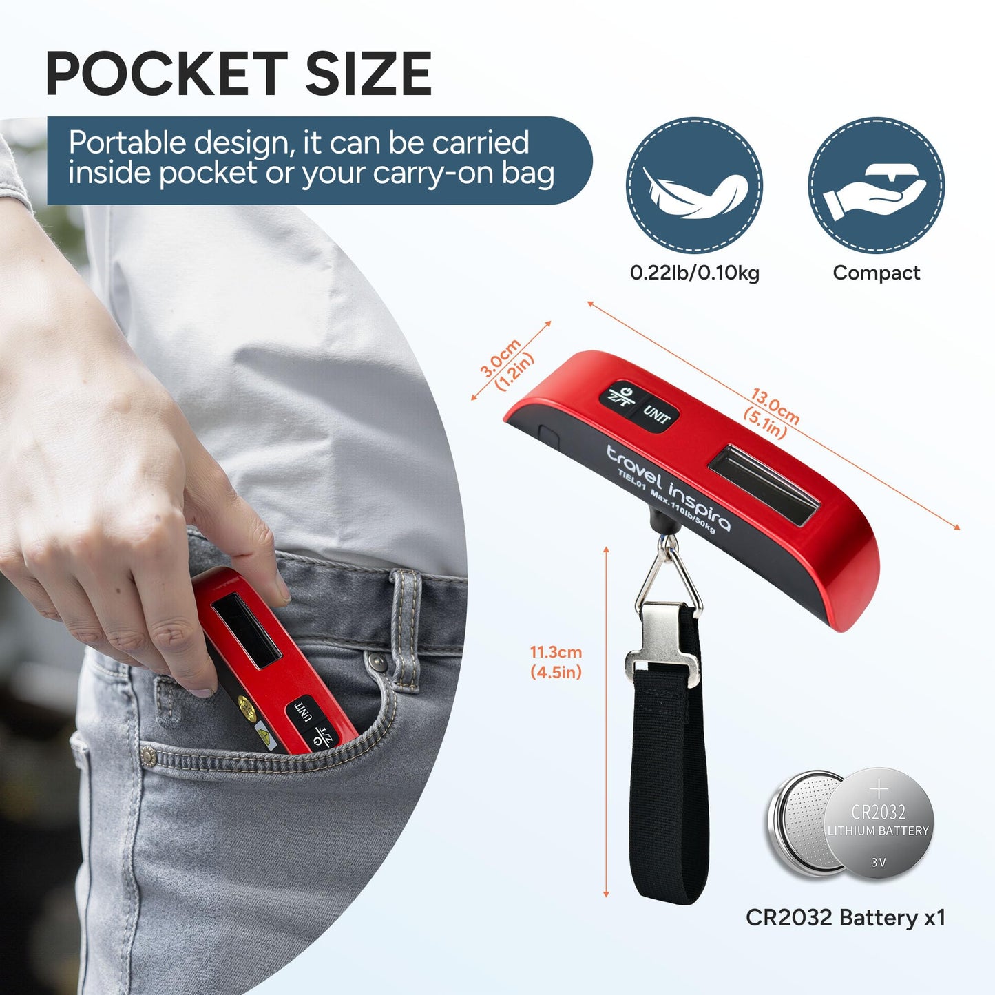 Pocket sized travel inspira digital suitcase weight scale showing compact dimensions