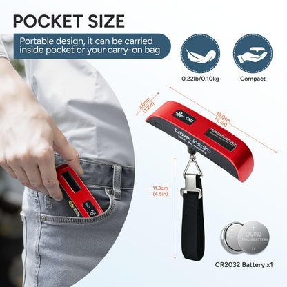 Pocket sized travel inspira digital suitcase weight scale showing compact dimensions