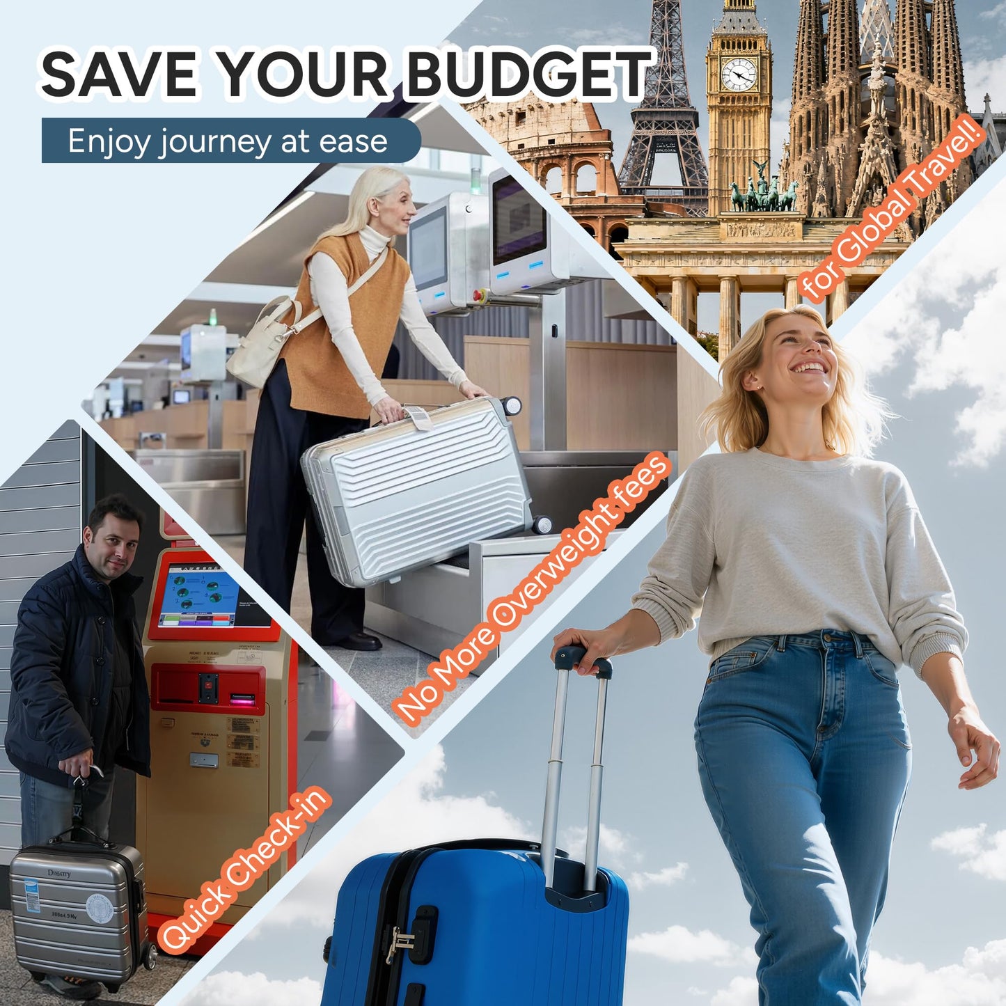 Promotional collage featuring travelers with luggage, check-in kiosks, and landmark backdrops emphasizing budget savings and avoiding overweight fees