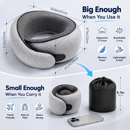 Purroch travel neck pillow dimensions diagram showing 10.6x10.2x5.1 inches when open, and compressed into a compact 5.7-inch storage bag next to a smartphone.