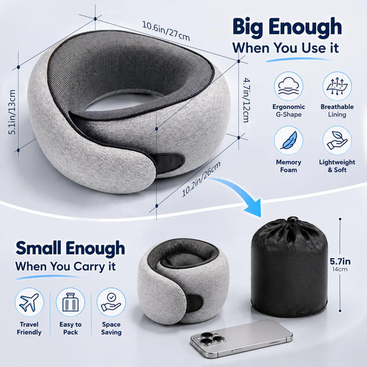 Purroch travel neck pillow dimensions diagram showing 10.6x10.2x5.1 inches when open, and compressed into a compact 5.7-inch storage bag next to a smartphone.