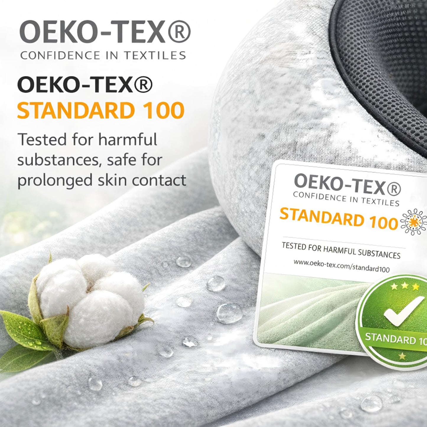 A high-resolution detail of the Purroch light grey travel pillow cover, certified by OEKO-TEX Standard 100 to be safe for prolonged skin contact. An actual green verified checkmark with three stars on a hangtag is displayed.