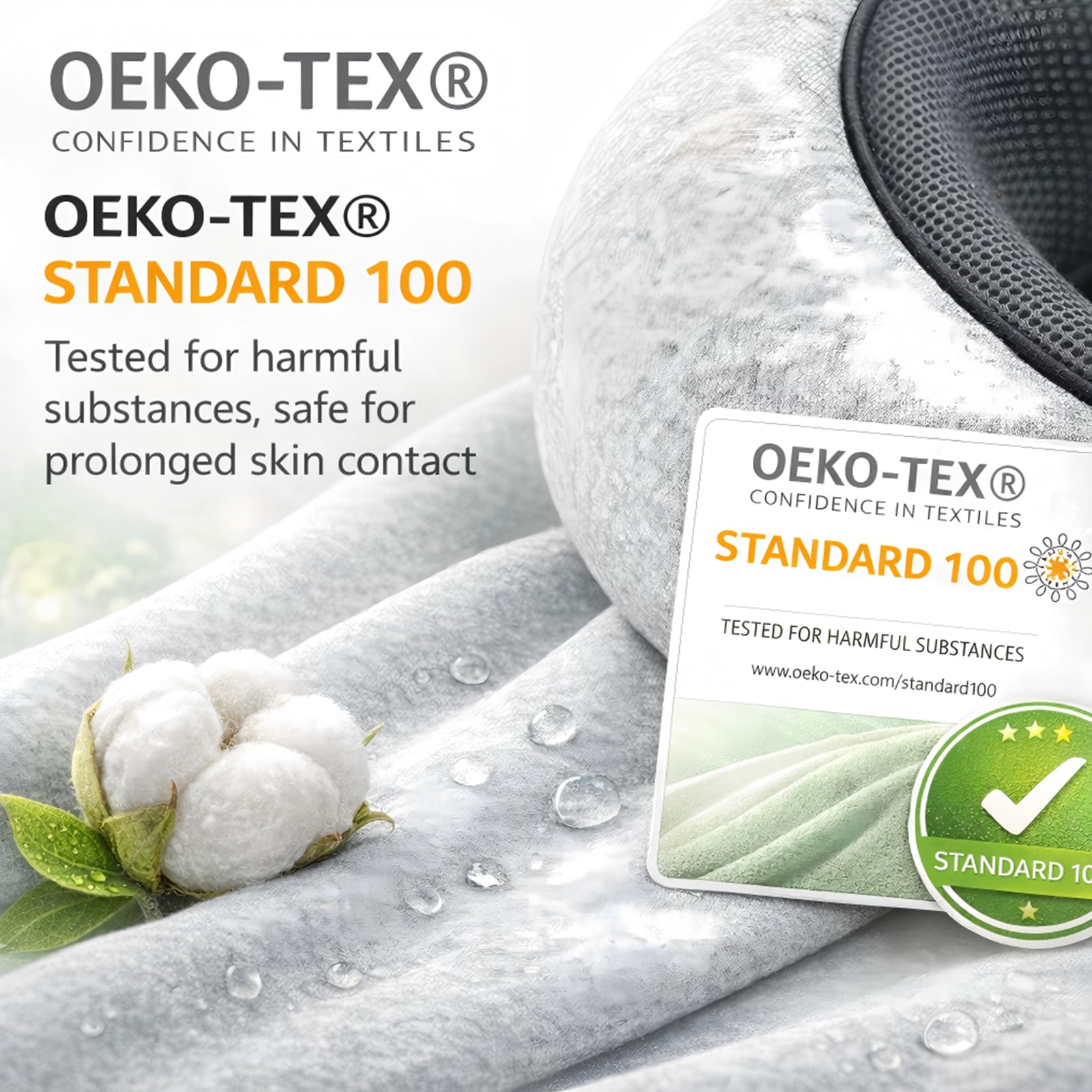 A high-resolution detail of the Purroch light grey travel pillow cover, certified by OEKO-TEX Standard 100 to be safe for prolonged skin contact. An actual green verified checkmark with three stars on a hangtag is displayed.