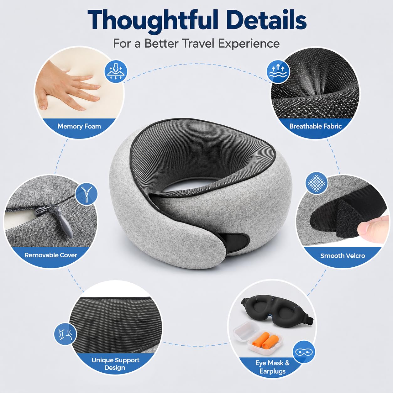 Purroch travel pillow design details chart highlighting memory foam, breathable fabric, removable cover, smooth velcro strap, unique support design, and included eye mask and earplugs set.
