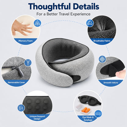 Purroch travel pillow design details chart highlighting memory foam, breathable fabric, removable cover, smooth velcro strap, unique support design, and included eye mask and earplugs set.