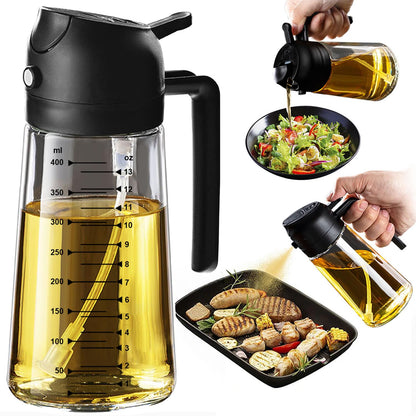 TrendPlain 470ml 2-in-1 Olive Oil Spray Bottle and Dispenser in Black with measurement scale