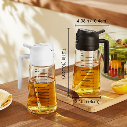 TrendPlain 470ml 2-in-1 glass oil spray bottle showing product dimensions, height 18.3cm, and clear volume measurement scale marks