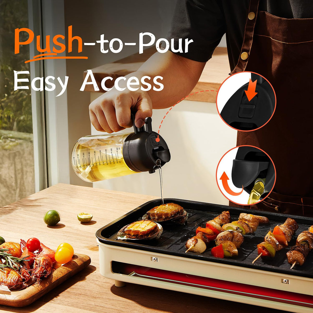 TrendPlain 470ml 2-in-1 glass oil dispenser demonstrating the push-to-pour function while adding oil to a tabletop BBQ grill with food