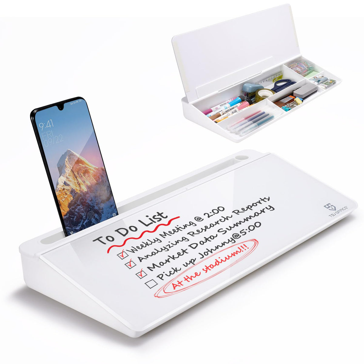 White desk organizer with dry erase board, phone stand, and marker set on a white background