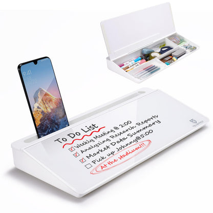 White desk organizer with dry erase board, phone stand, and marker set on a white background
