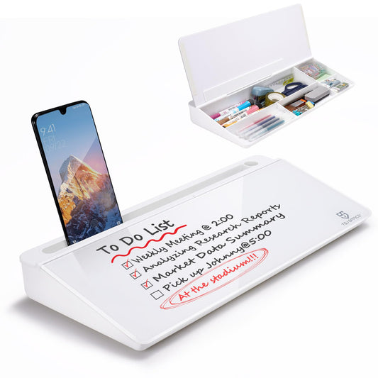 White desk organizer with dry erase board, phone stand, and marker set on a white background