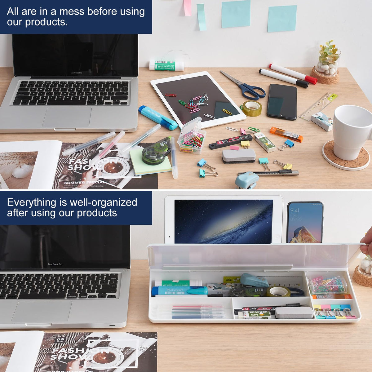 Before and after comparison of a messy desk with organized items using products.