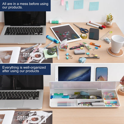 Before and after comparison of a messy desk with organized items using products.