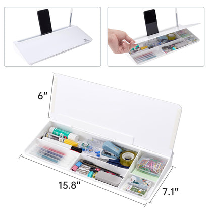 White desk organizer with compartments, phone stand, and measurements displayed.