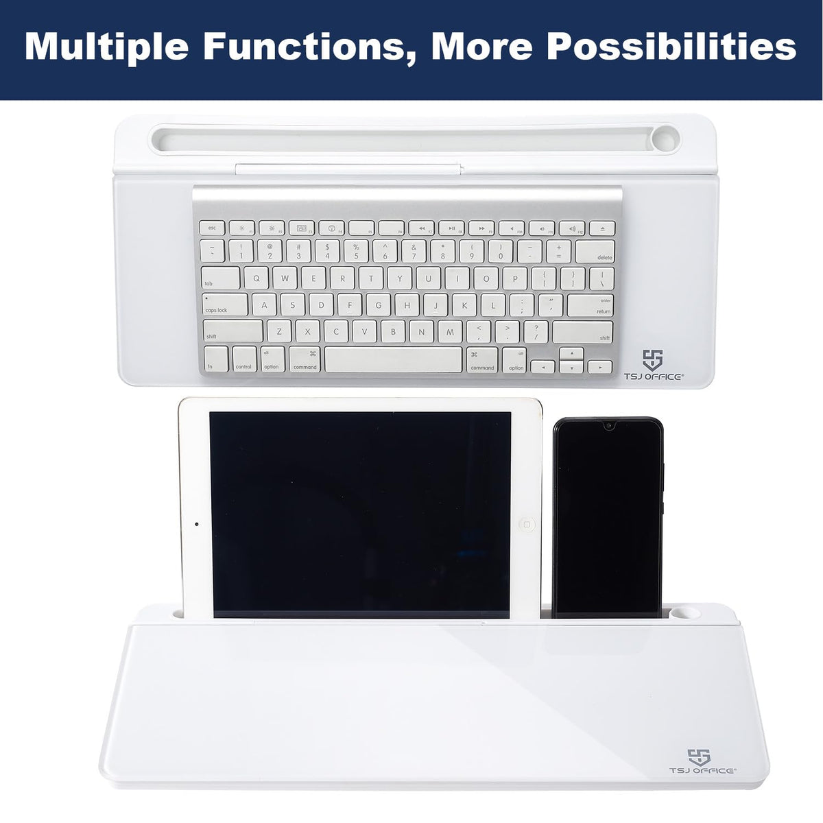 White multi-device stand with keyboard, tablet, and phone on a white background