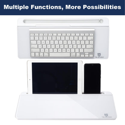 White multi-device stand with keyboard, tablet, and phone on a white background