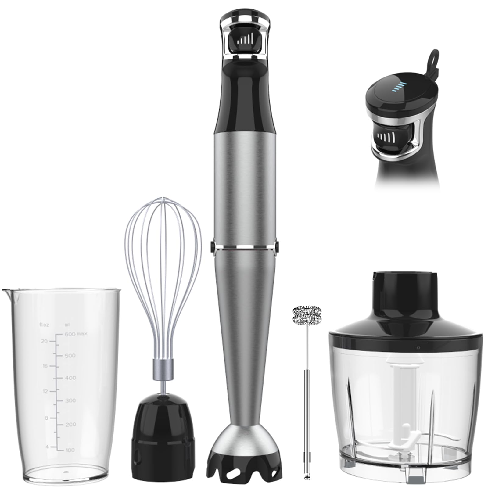 Turelar Immersion Blender set showing the main silver and black stick blender, wire whisk, milk frother, mixing beaker, and food processor bowl.