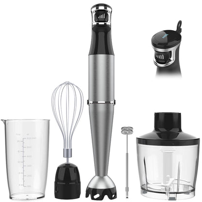 Turelar Immersion Blender set showing the main silver and black stick blender, wire whisk, milk frother, mixing beaker, and food processor bowl.