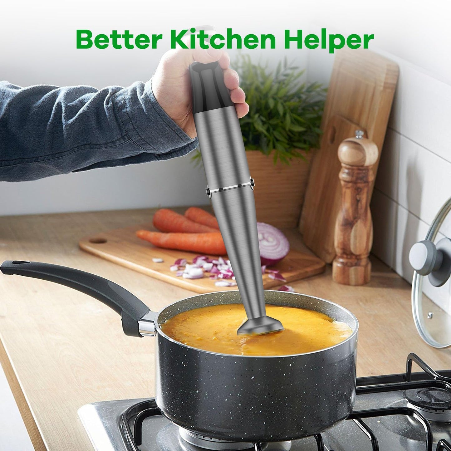 Person using a hand blender in a pot of soup on a kitchen counter with 'Better Kitchen Helper' text.