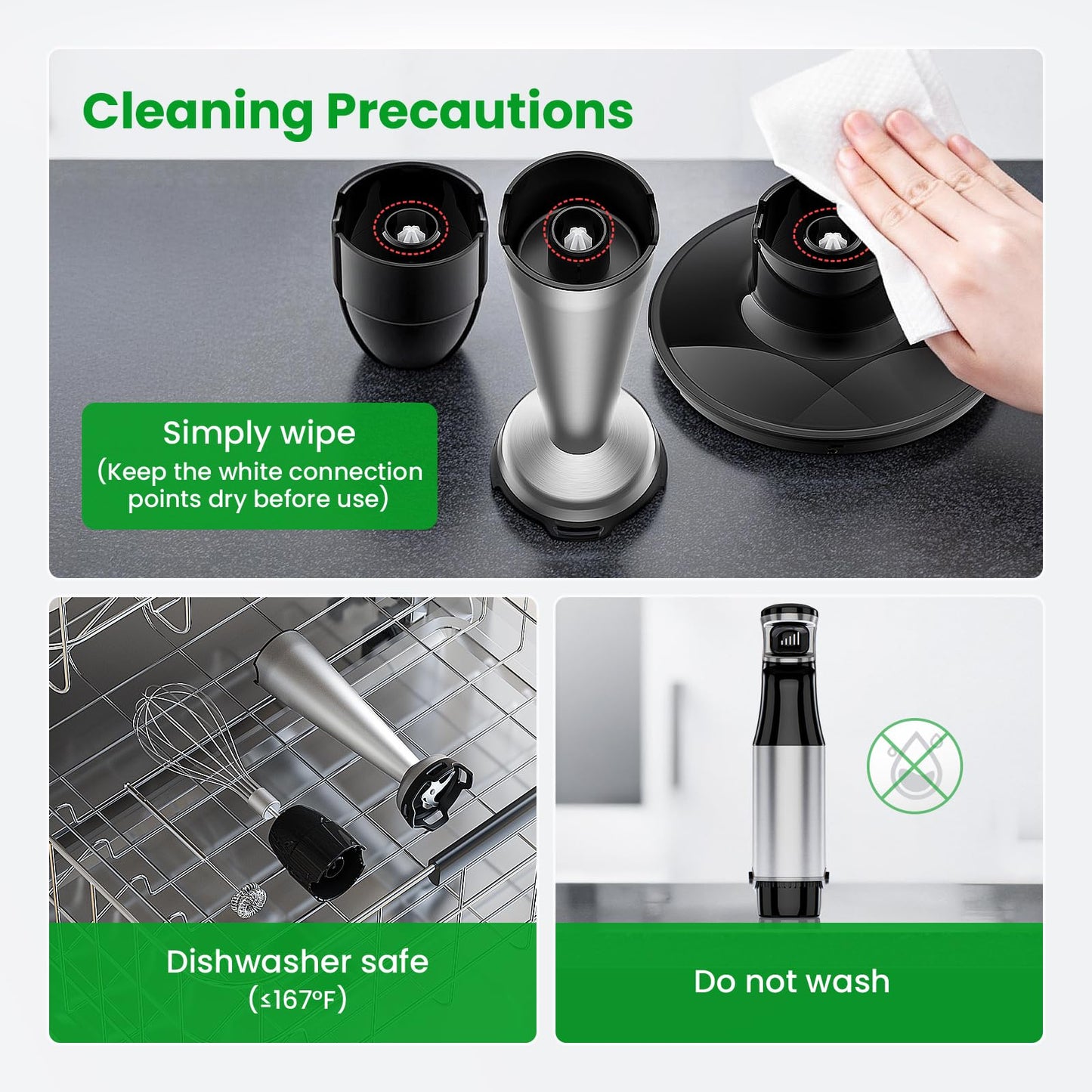 Cleaning instructions graphic for the Turelar immersion blender showing how to wipe the motor unit and verifying that attachments are dishwasher safe while the base should not be washed in water.