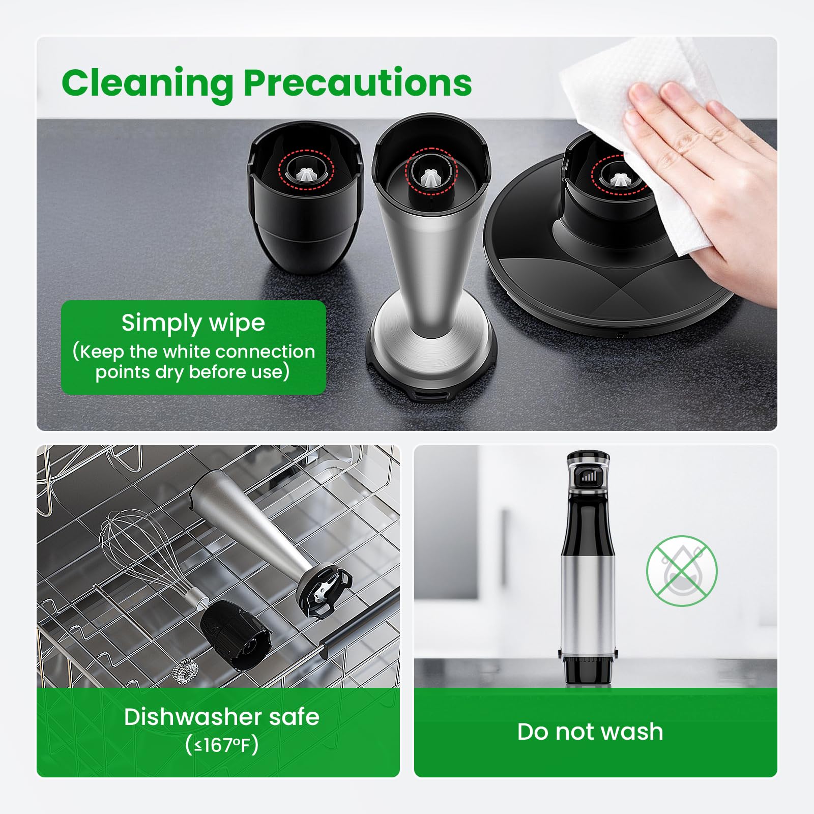 Cleaning instructions graphic for the Turelar immersion blender showing how to wipe the motor unit and verifying that attachments are dishwasher safe while the base should not be washed in water.