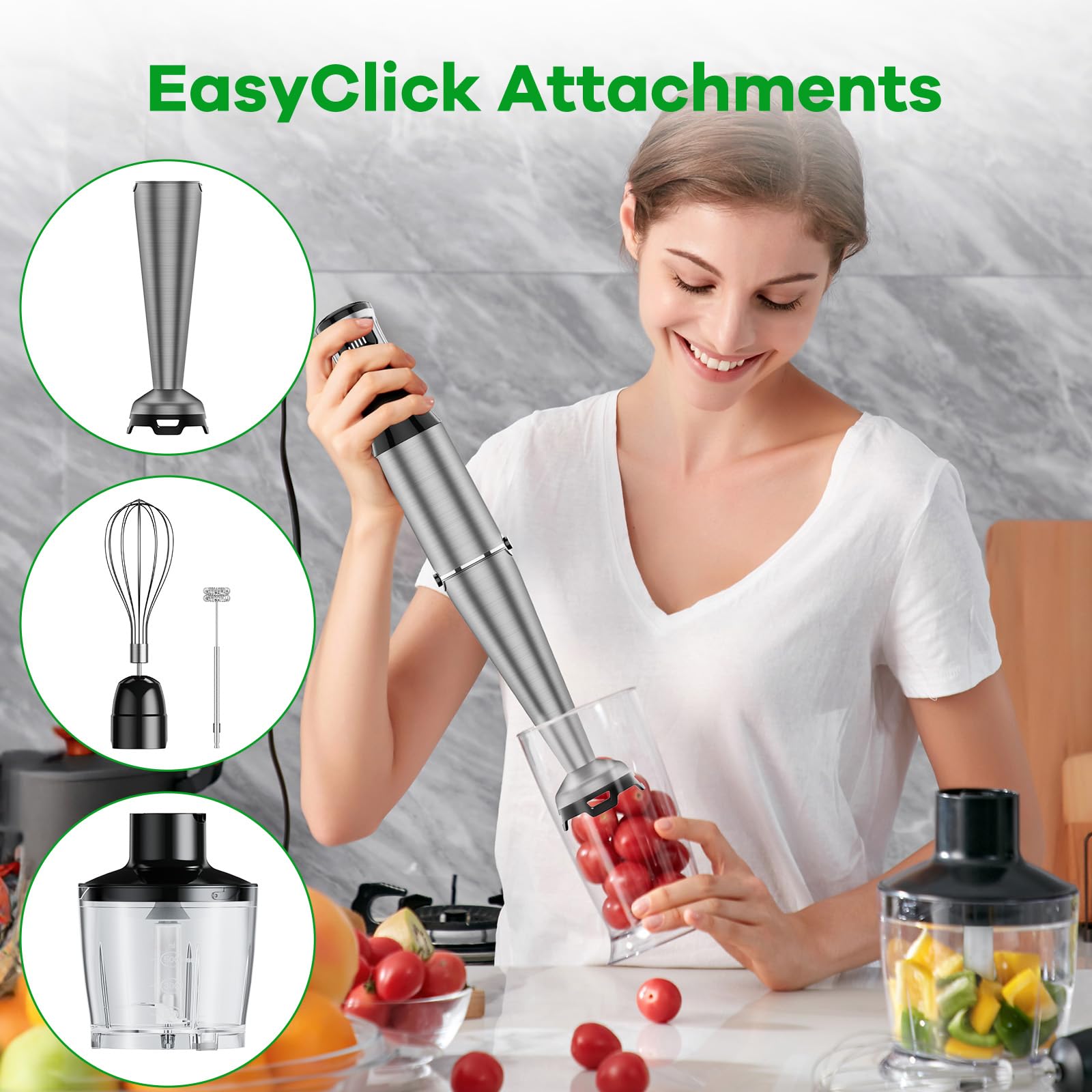 Woman using a blender with easy-click attachments in a kitchen setting.