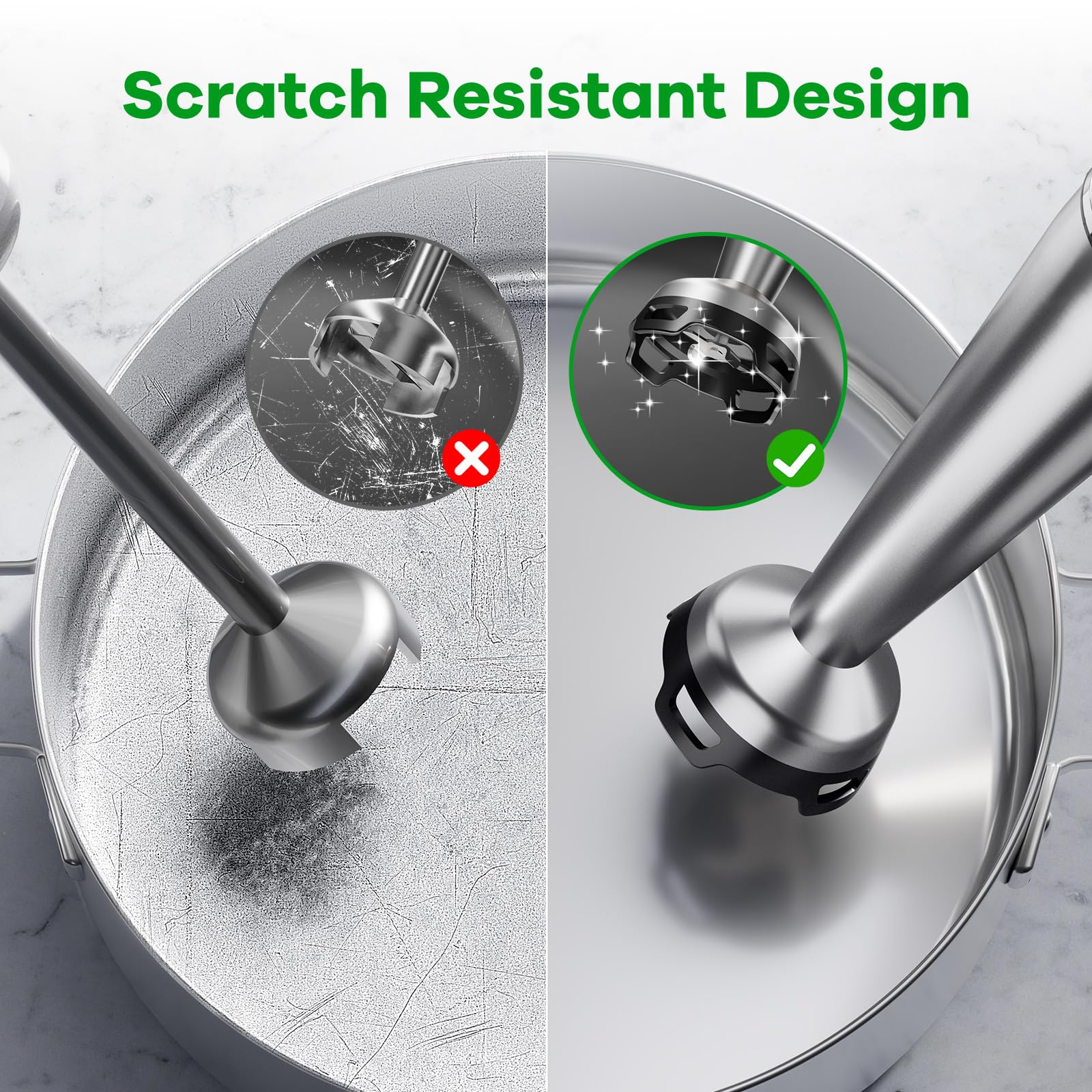 Comparison graphic of the Turelar immersion blender showing a scratch-resistant nylon blade guard protecting pots and pans compared to standard blades that can cause scratches.