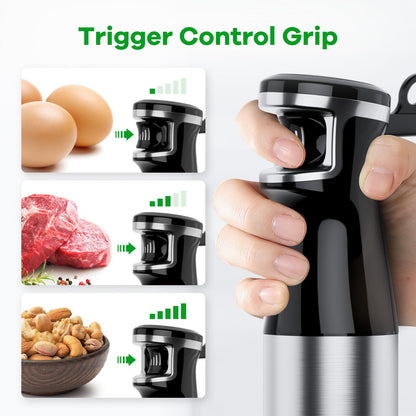 Close-up of the ergonomic handle and variable speed trigger button control on the Turelar hand blender.