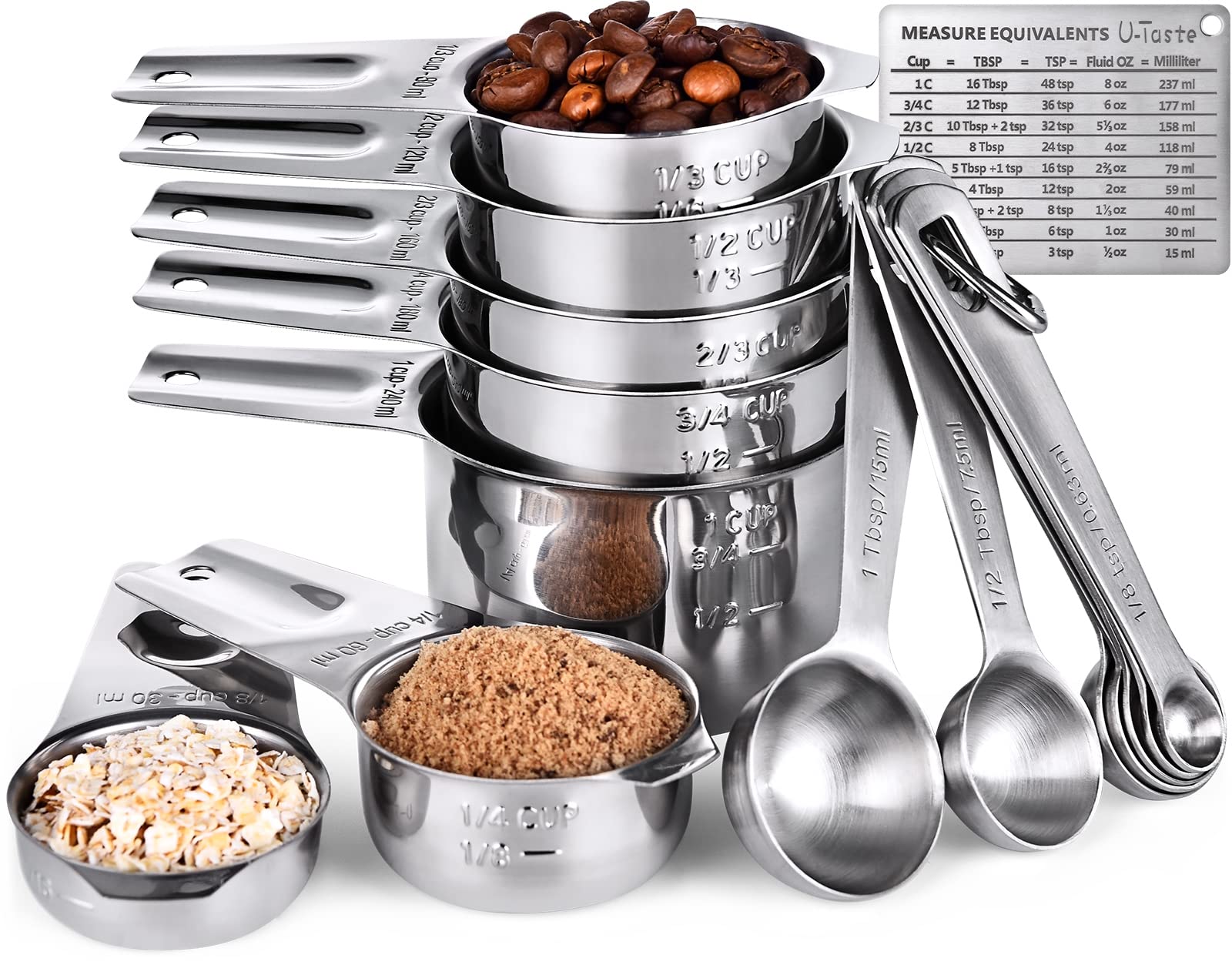 Set of stainless steel measuring cups and spoons with various measurements on a white background.