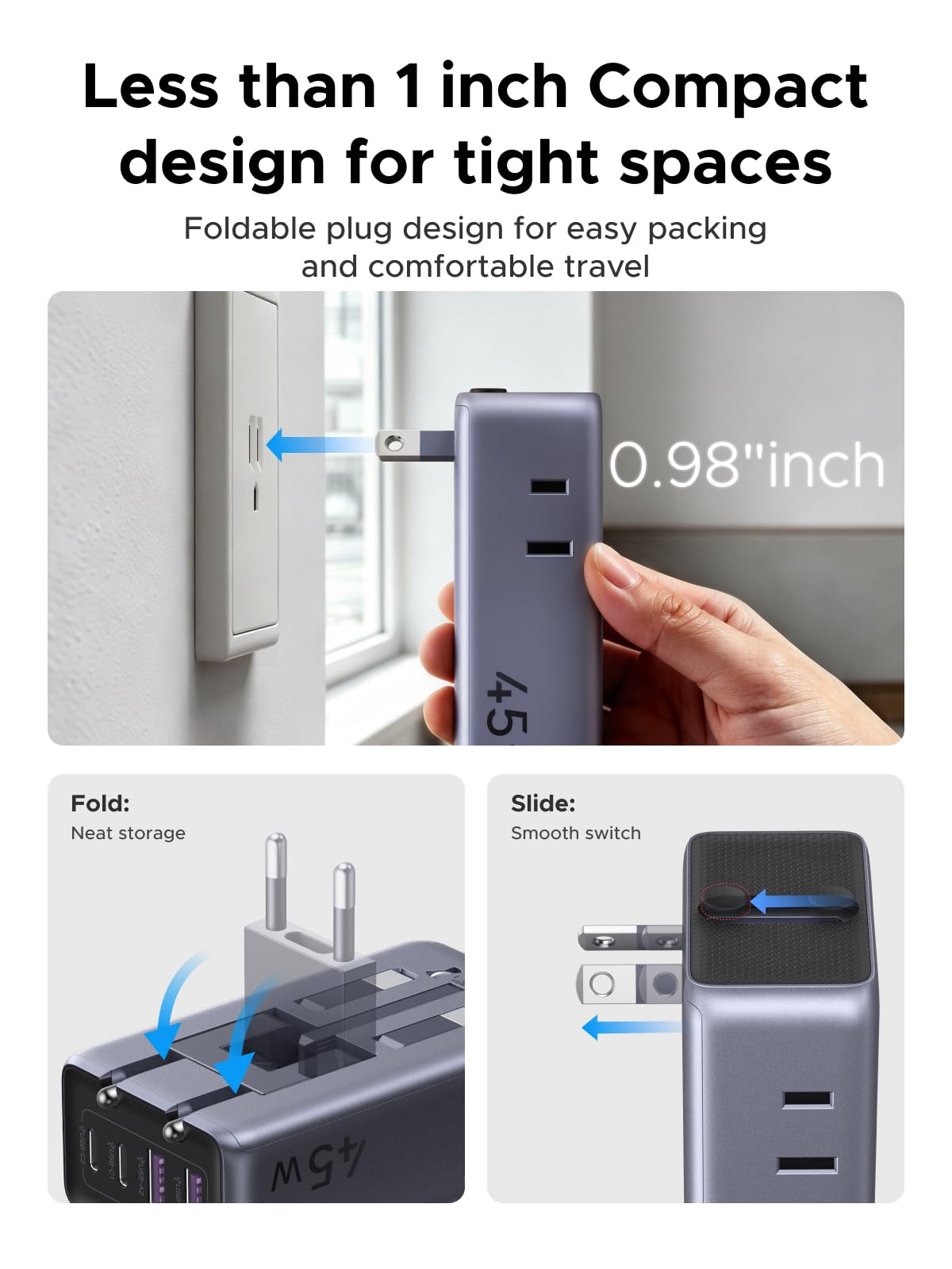 UGREEN 45W Universal Travel Adapter showcasing an ultra-thin 0.98-inch compact design for tight spaces with foldable prongs and smooth sliding switch mechanism.