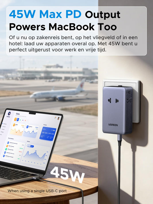 UGREEN 45W Universal Travel Adapter plugged into wall outlet charging a laptop and smartphone simultaneously with 45W max PD output.