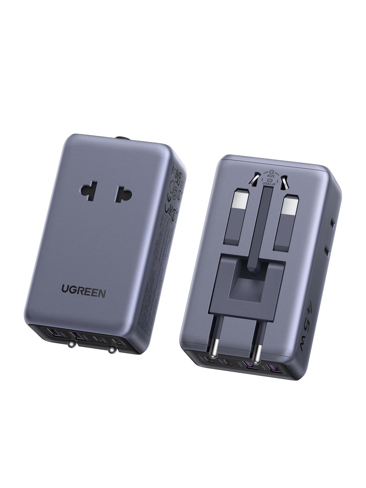 UGREEN 45W Universal Travel Adapter front view showing universal AC socket and retractable prongs