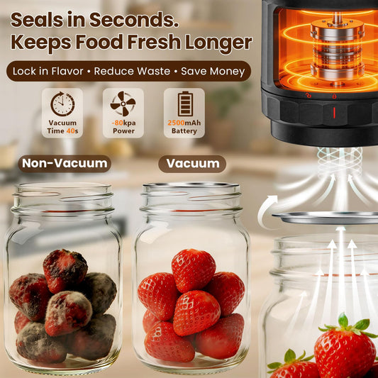 UNERVER Electric Mason Jar Vacuum Sealer showing vacuum time, power, and fresh versus spoiled food comparison