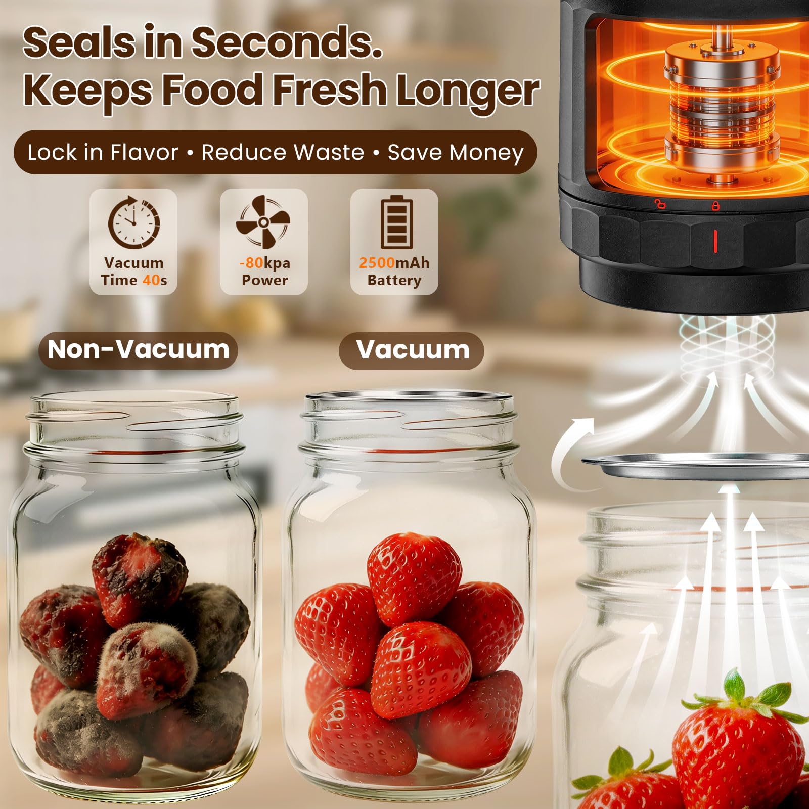 UNERVER Electric Mason Jar Vacuum Sealer showing vacuum time, power, and fresh versus spoiled food comparison