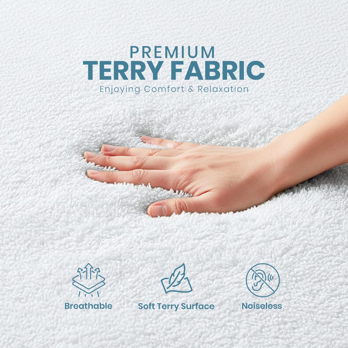 A hand touching premium white terry fabric with overlay text highlighting comfort and icons for breathable, soft terry surface, and noiseless features of the Utopia Bedding Queen Waterproof Mattress Protector