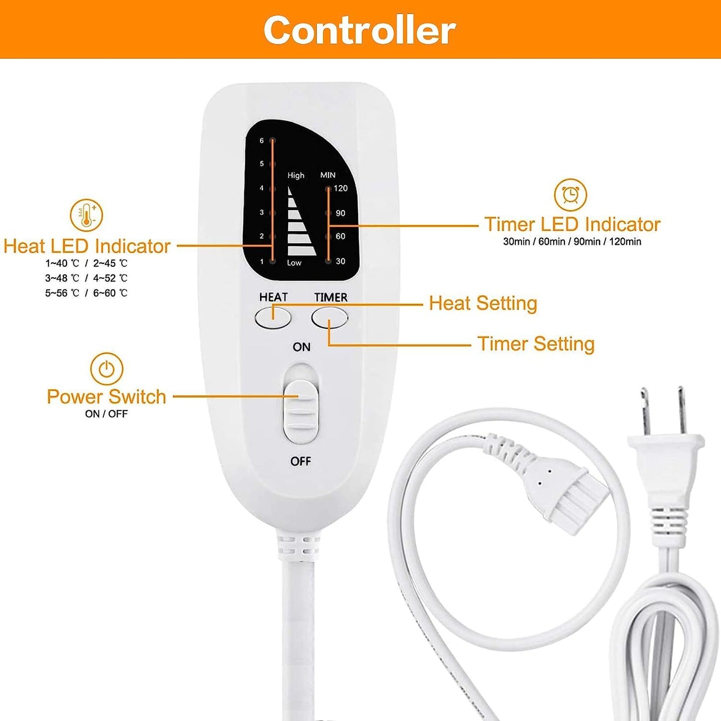 VANKADA electric heating pad digital controller diagram with heat and timer settings