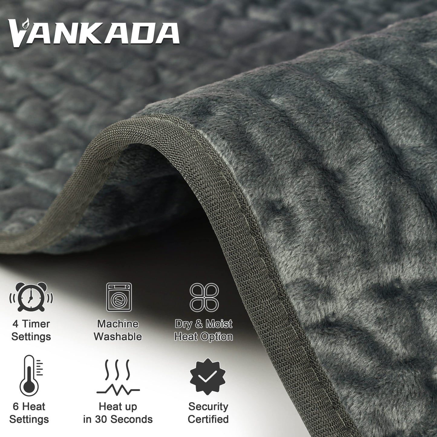 VANKADA electric heating pad key features with soft flannel material and heat settings icons