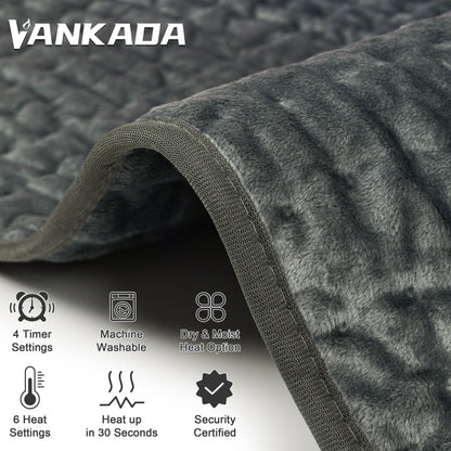 VANKADA electric heating pad key features with soft flannel material and heat settings icons