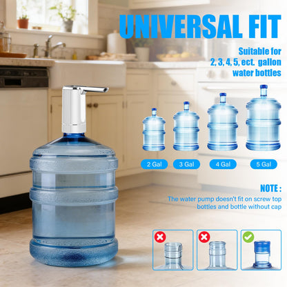 Universal compatibility diagram showing the electric water dispenser pump fits 2 gallon, 3 gallon, 4 gallon, and 5 gallon standard water jugs
