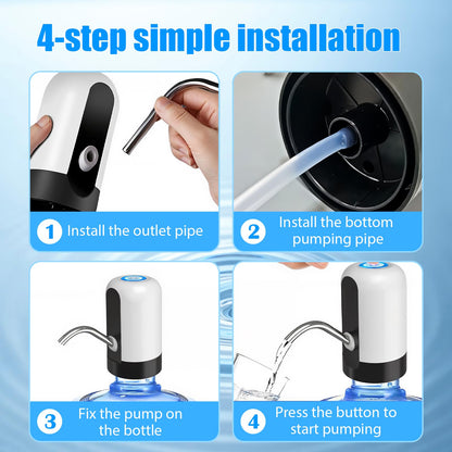 4-step simple installation guide showing how to install outlet pipe, bottom pumping pipe, fix the pump on the bottle, and press button to start pumping