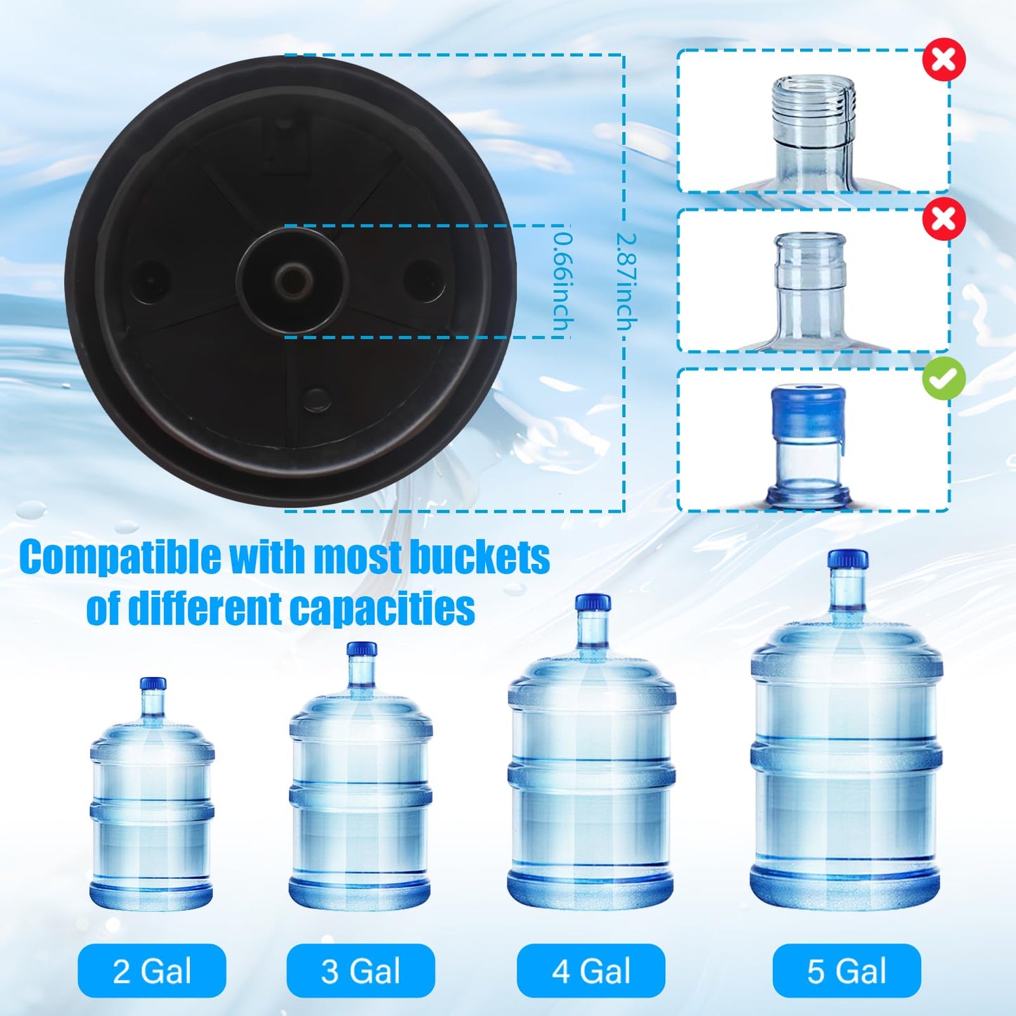 Universal compatibility diagram showing the electric water dispenser pump fits 2 gallon, 3 gallon, 4 gallon, and 5 gallon standard water jugs