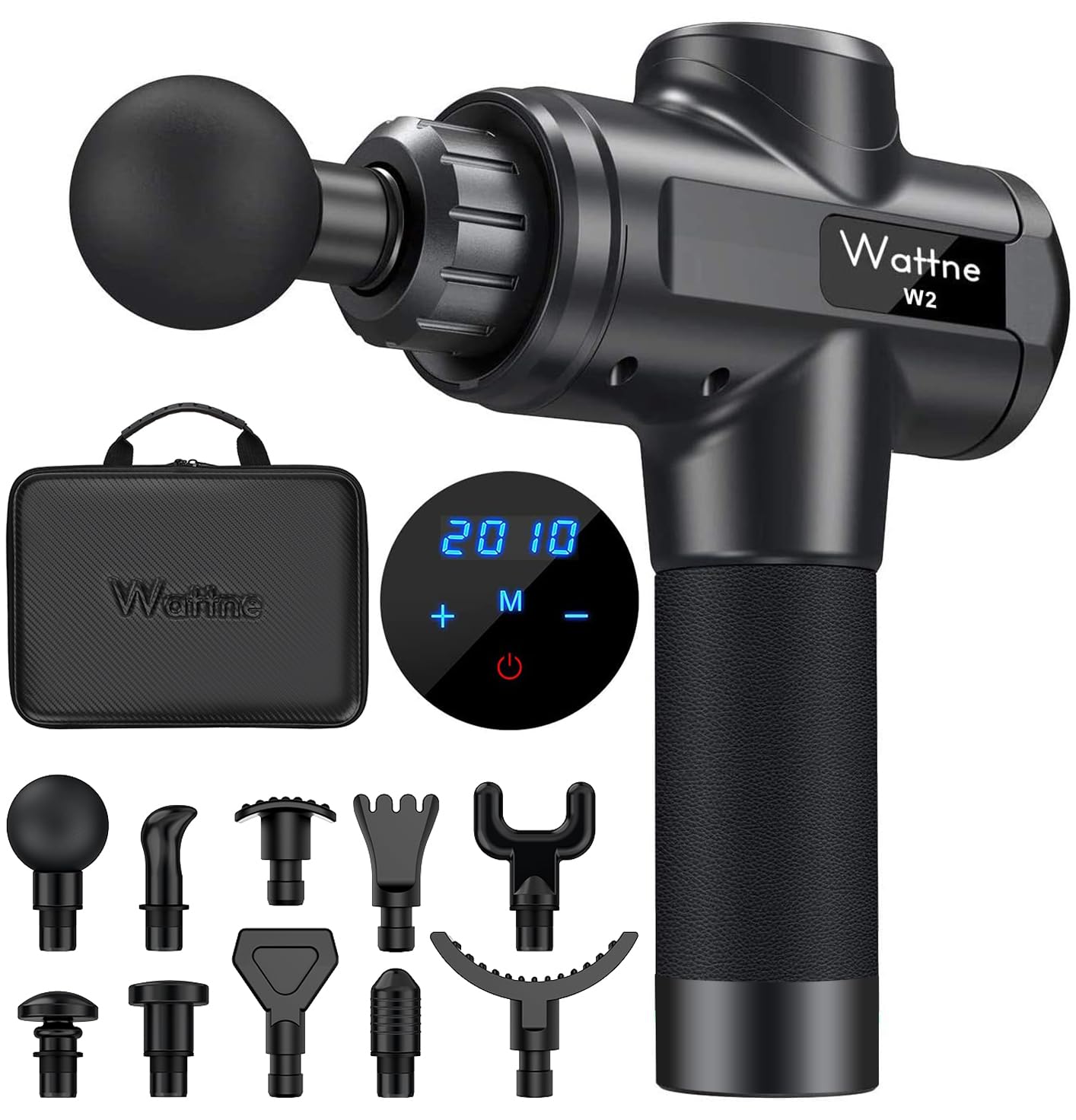 Wattne W2 deep tissue massage gun in black with carrying case and 10 attachment heads