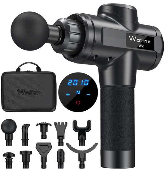 Wattne W2 deep tissue massage gun in black with carrying case and 10 attachment heads