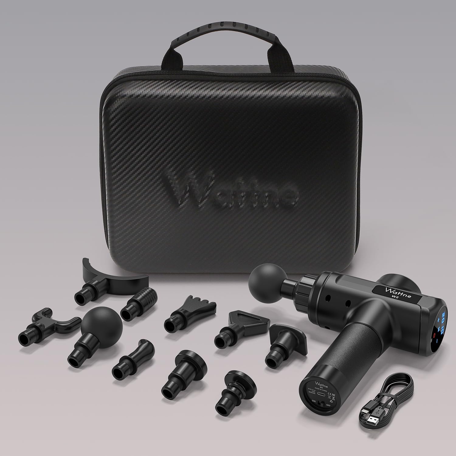 Wattne W2 massage gun set with portable carrying case and 10 attachment heads