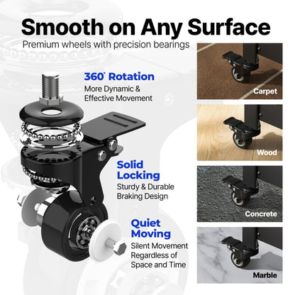 Product advertisement for wheels with precision bearings, showing their performance on different surfaces.