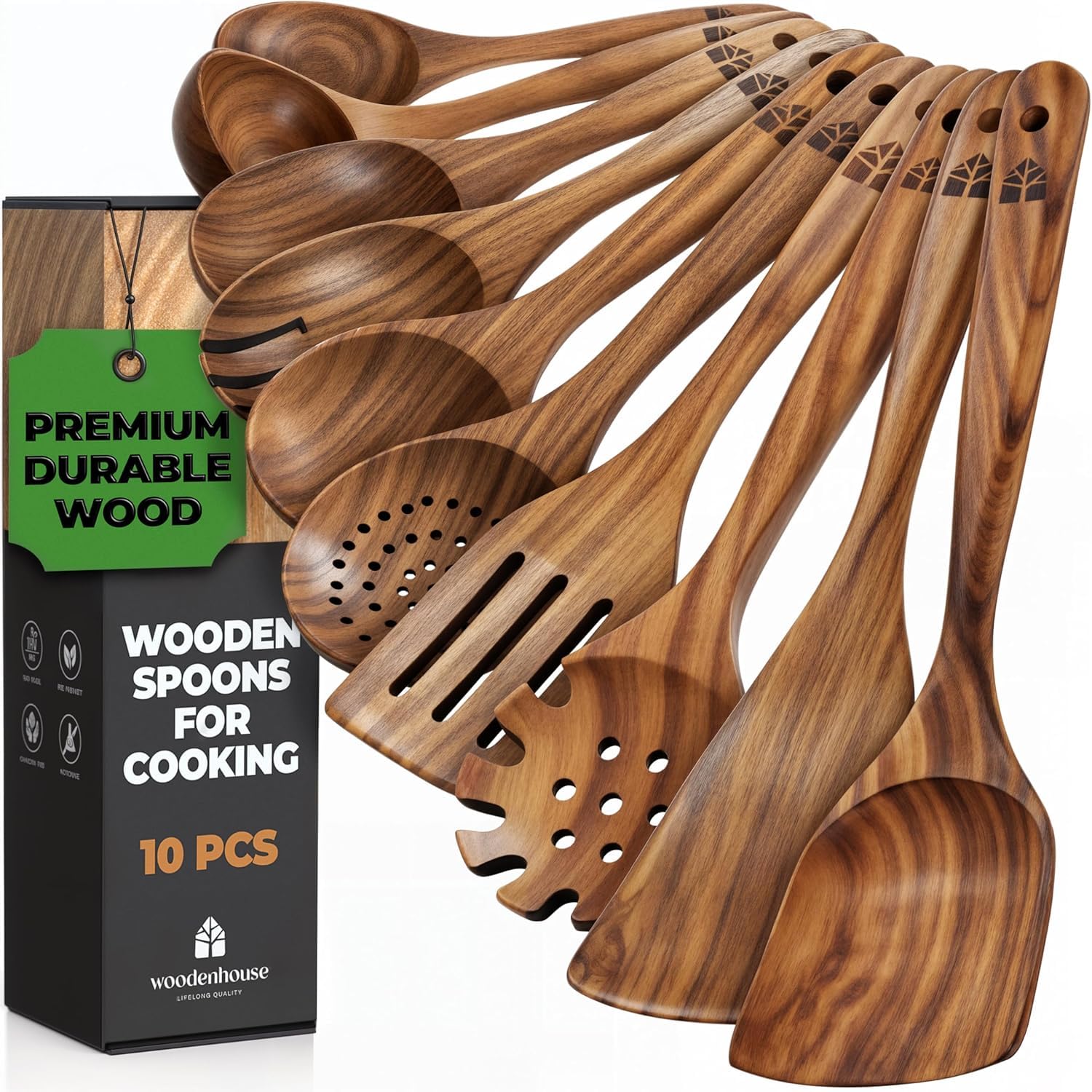 10-Piece Teak Wooden Spoons and Utensils Set for Cooking