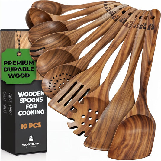 10-Piece Teak Wooden Spoons and Utensils Set for Cooking