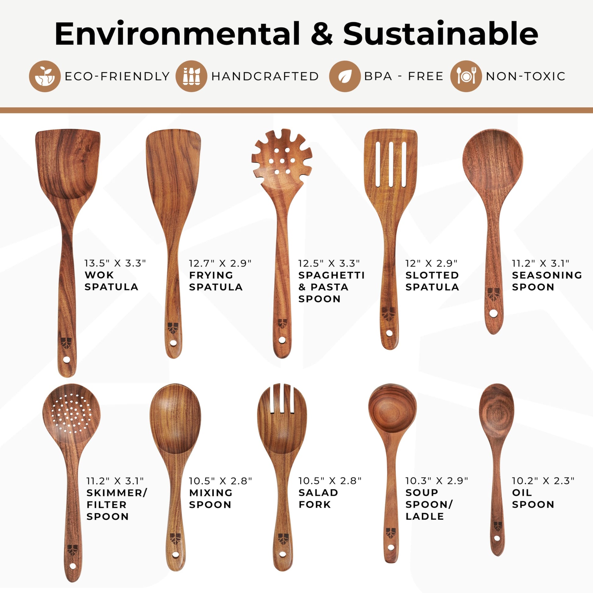 Environmental and sustainable 10-piece natural teak wood kitchen utensil set showing detailed size dimensions and names for each wooden spoon and spatula.